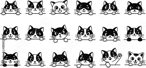 Black and White Cute Peeking Cats Vector Illustration Set, Different Breeds and Funny Expressions of Kittens, Cartoon Pet Animals Line Art Collection for Design Projects