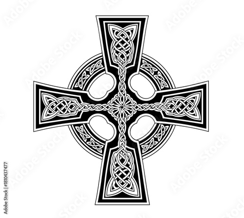 A striking black and white vector design of a traditional Celtic cross, characterized by elaborate woven knotwork filling the flared arms and central nimbus with mesmerizing symmetrical precision