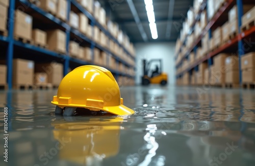 Hardhat floats in warehouse flooded floor. Carton boxes sit on shelves. Forklift vehicle stands blurred in background. Disaster struck industrial building due to rain flood. Insurance incident from