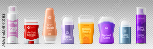 Realistic 3d deodorant package mockup. Vector set of antiperspirants and body spray packaging in vibrant colors. Sticks and roll ons, labeled for freshness, daily protection, and sensitive skin care