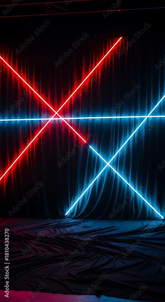 Naklejka premium Striking neon beams on dark fabric, creating a modern graphic background