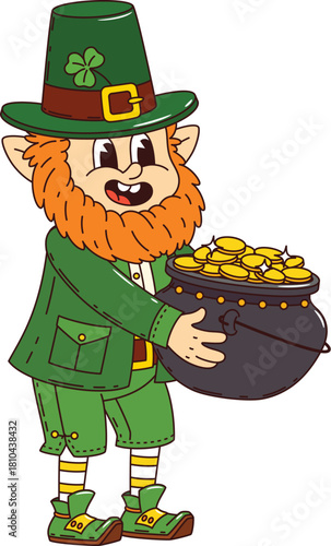 St Patrick day groovy leprechaun character with pot of gold. Cartoon retro holiday cheerful dwarf personage, clad in green, with a mischievous grin and twinkling eyes, guards cauldron with treasure