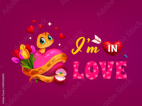 I am in love Valentine day greetings quote with a playful cartoon snake hugging a pink heart, surrounded by tulips, hearts, and a ring box. Vector charming joyful message with an arrow pierced heart