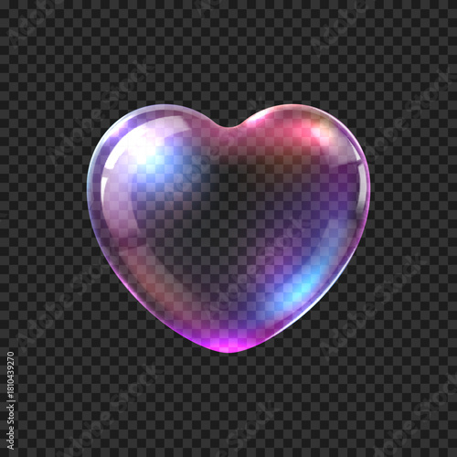 Realistic heart soap bubble shape with glossy surface and rainbow highlights. Valentine holiday transparent heart with rainbow refraction. Realistic 3d vector , symbol of love, romance and magic