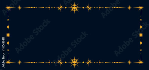 Esoteric celestial frame or magic background. Golden celestial Boho vector banner, esoteric magic border. Yellow mystic elegant frame or linear fantasy poster with star light sparks on blue background