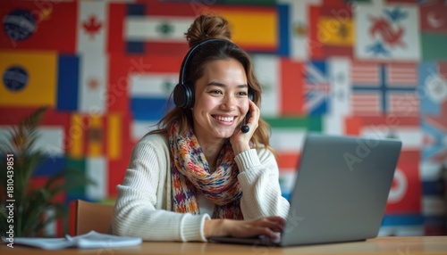 Young woman with headphones smiles working on laptop. Remote translator interpreter against backdrop of world flags. Connects with clients globally using digital tools, communication.