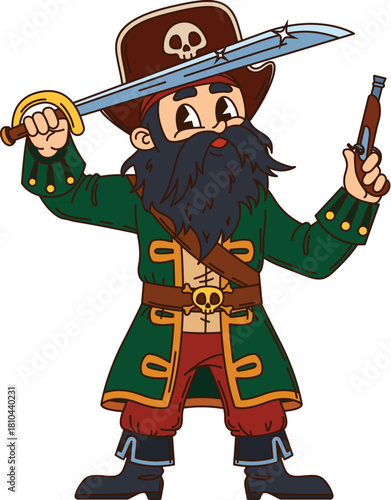 Corsair pirate crew black beard captain cartoon character. Cheerful pirate character, boatswain bandit isolated vector mascot. Corsair fighter funny personage armed with flintlock pistol and sword