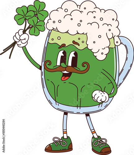 Cartoon groovy beer ale character with mustache, foam and clover in hand. St Patrick day holiday retro personage. Vector glass cup with traditional green foamy Irish drink, ready for celebration