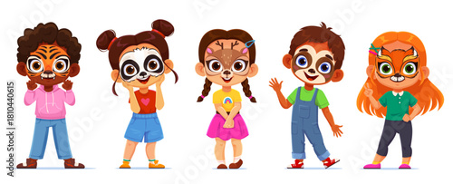 Holiday party kids with face paint masks of animals for carnival masquerade, vector cartoon characters. Funny kids, boys and girls in holiday costumes with masks painted on faces for birthday party