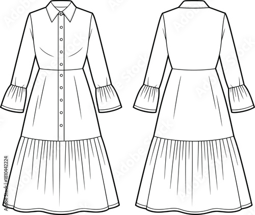 cad drawing flat vector illustration, tiered skirt dress technical sketch, collared neckline fashion design, button front garment template