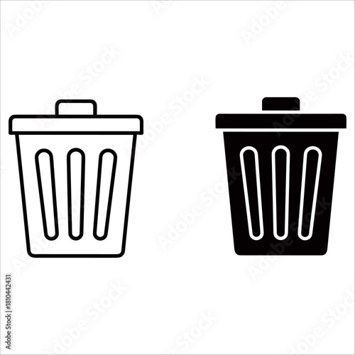 Two trash cans, one in black and white outline, isolated on white background