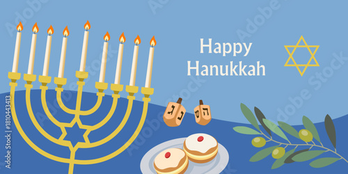 Design for the Jewish holiday of Hanukkah, Hanukkah symbols menorah, spinning top, donuts. Perfect for greeting cards, banners, posters, etc. Vector illustration	