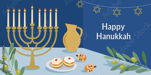 Design for the Jewish holiday of Hanukkah, Hanukkah symbols menorah, spinning top, donuts. Perfect for greeting cards, banners, posters, etc. Vector illustration	