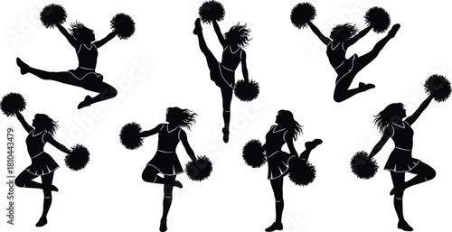 Cheerleader silhouettes vector set, group of cheer women dancing, jumping, and performing splits with pompoms, high school sport, team spirit, and energetic performance icons.
