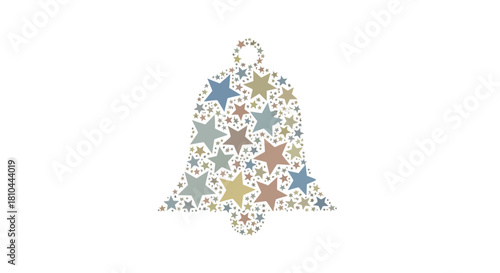 A bell shape filled with different colored stars on a white background in a decorative arrangement