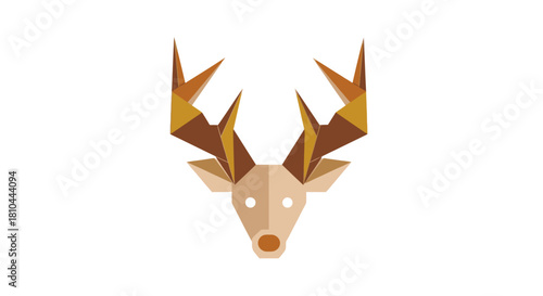 Geometric reindeer head with red nose and brown and gold antlers on a white background