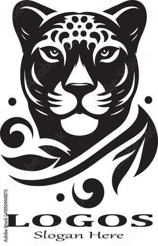 Black and white vector logo of a strong, frontal leopard or jaguar head with tribal/flame-like markings and decorative swirls beneath