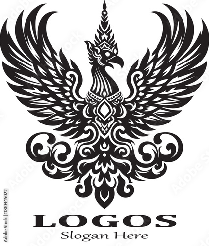 Black and white vector logo of a stylized phoenix or garuda bird with majestic spread wings, an ornate crown, and elaborate chest and tail motifs