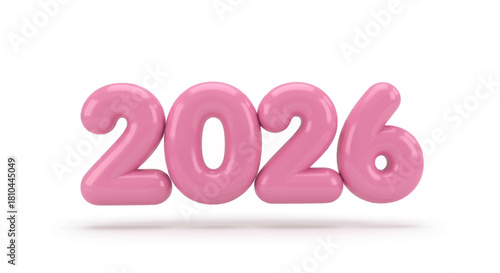 A close up of the pink inflated looking numbers two zero two six on a white background surface
