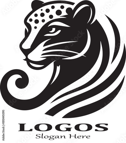 Black and white vector logo of a fierce leopard or cheetah head in profile with spots on the forehead and stylized, flowing neck/mane lines