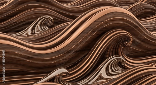 Fototapeta Naklejka Na Ścianę i Meble -  Abstract dark brown wood waves intertwined with shiny coppercolored metallic flowing lines and spirals