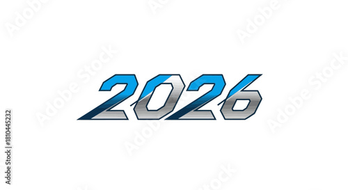 A graphic rendering of the year twenty twenty six in blue and silver on a white background