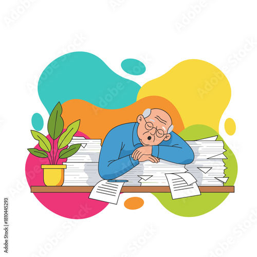 Exhausted senior worker sleeps on a huge stack of paperwork symbolizing work overload and stress