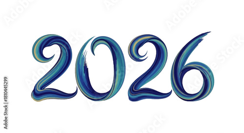 A digitally rendered image of the year two thousand twenty six in blue and gold brush strokes