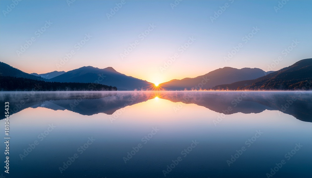 Fototapeta premium 静寂の夜明け：山間に昇る太陽と湖面に映る完璧なシンメトリー