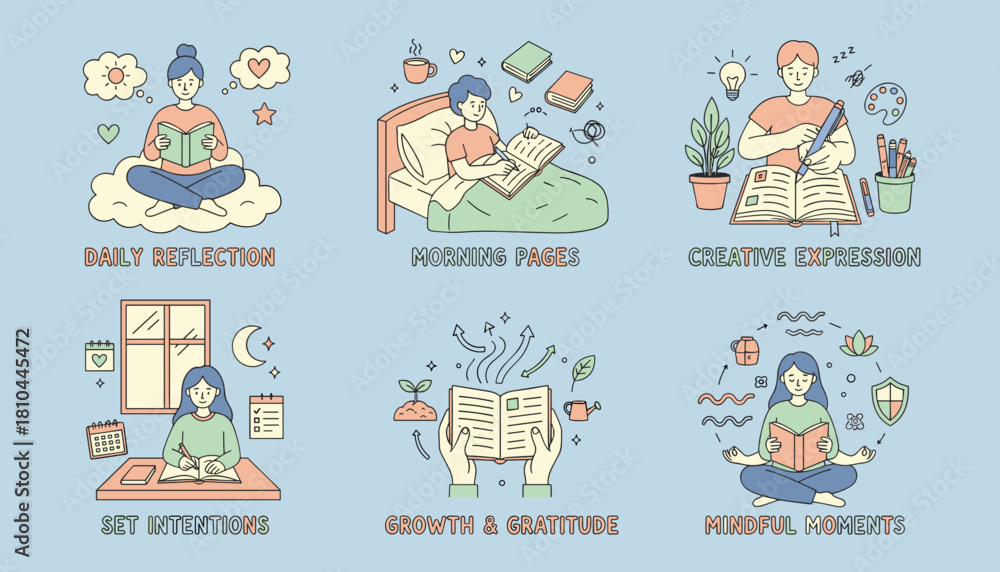 Fototapeta premium Six selfcare habits for personal growth reflection journaling intention setting creativity and mindfulness