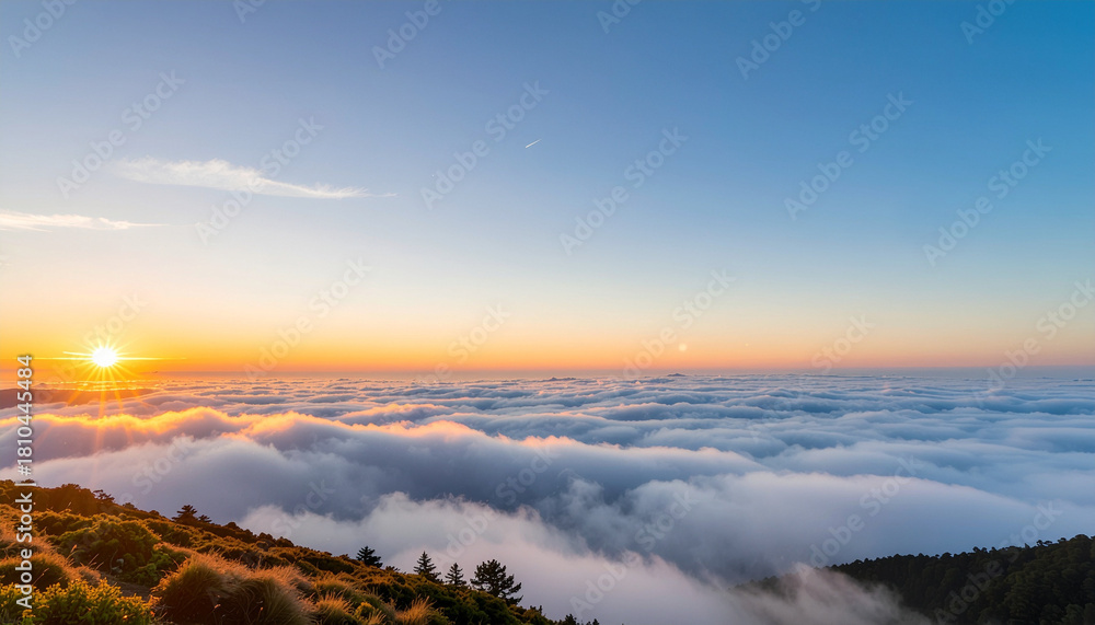 Fototapeta premium 山頂からの特権：黄金の太陽が輝く広大な雲海の絶景