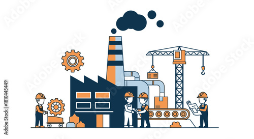 Industrial manufacturing and construction illustration with workers factory crane and production line
