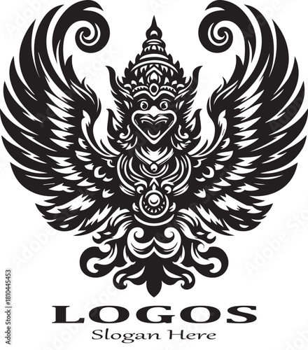 Black and white vector logo of a highly detailed, fierce Garuda or mythical bird deity with massive spread wings, an elaborate crown, and ornate tribal motifs