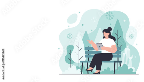 Woman sitting on a park bench using a tablet in a cool stylized natural winter environment
