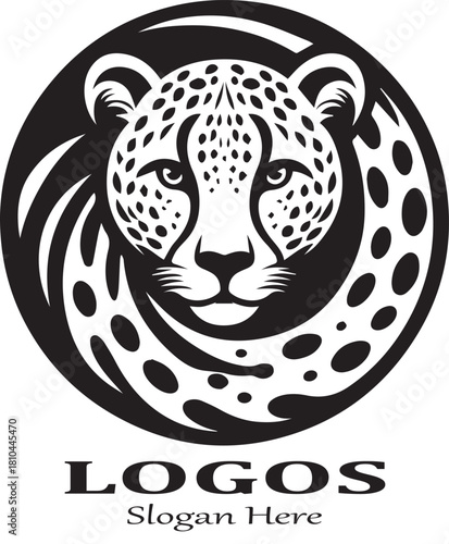 Black and white vector logo of a fierce leopard head with tribal spots and swirling body lines, enclosed in a circular frame