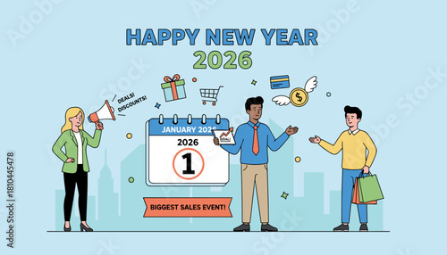 Happy New Year 2026 sales event Business people promoting January 1st discounts shopping and commercial goals