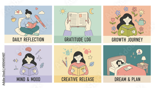 Personal growth grid reflection planning mindfulness and creative journaling concepts