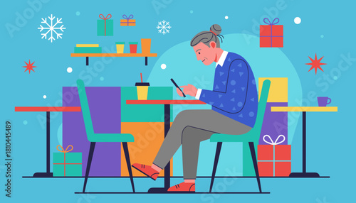 Elderly person using phone in winter cafe setting surrounded by holiday gifts Digital communication