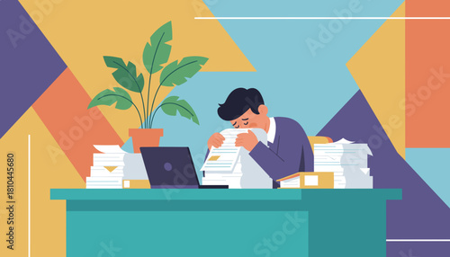 Businessman stressed and overwhelmed by excessive paperwork and office deadlines