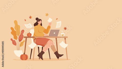 Woman working on laptop in cozy autumn home office setting flat vector illustration