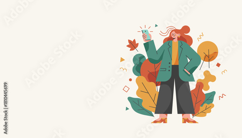Happy woman taking photo with smartphone in autumn park Vector illustration for digital life