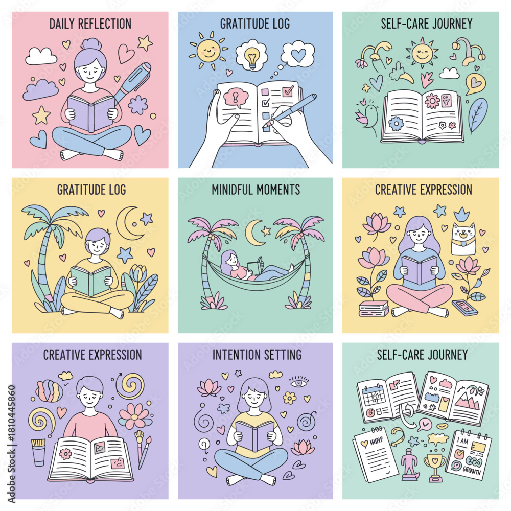 Fototapeta premium Cute doodle vector collection illustrating selfcare reflection gratitude and mental wellness activities