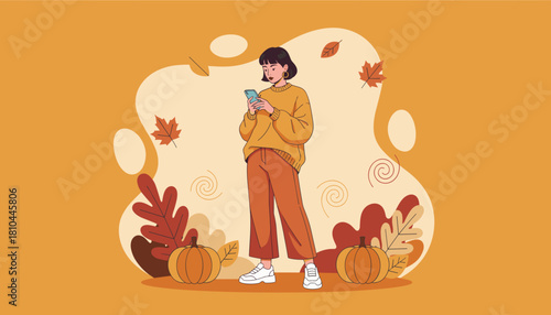 Stylish woman using smartphone in a cozy autumn setting with pumpkins and maple leaves