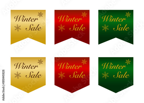 金・赤・緑のフラッグ形状に雪の結晶と文字を配置したウィンターセール用バナーセット