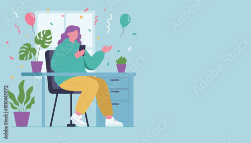 Happy woman celebrating online success with a video call at her decorated remote work desk