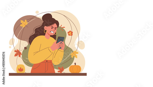 Stressed woman angry at phone frustrated by bad service or negative message in a cozy fall setting