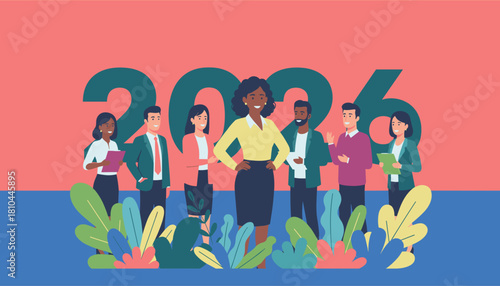 Diverse business team led by a confident woman setting goals for 2026 Professional illustration