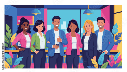 Diverse business team smiling in a vibrant modern office Teamwork collaboration and success