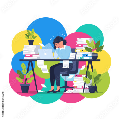 Business woman exhausted and stressed facing huge pile of office work and documents