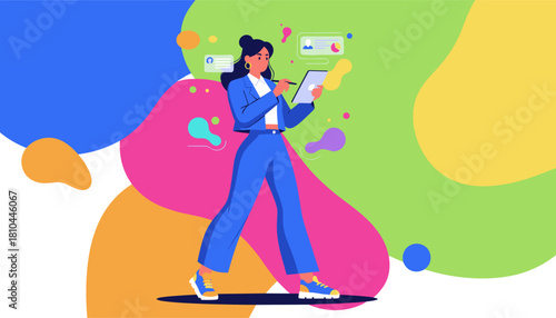 Modern professional managing data digitally on a tablet against a vibrant abstract background